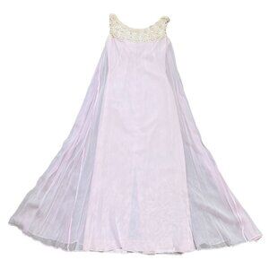 Vintage 1950s Pink Chiffon Taffeta Maxi Dress Sz S Embroidered Daisies Womens